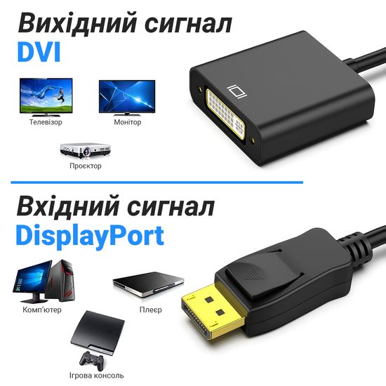 Адаптер, конвертер цифрового видеосигнала с DisplayPort на аналоговый DVI Addap DP2DVI-01, Full HD 1080P