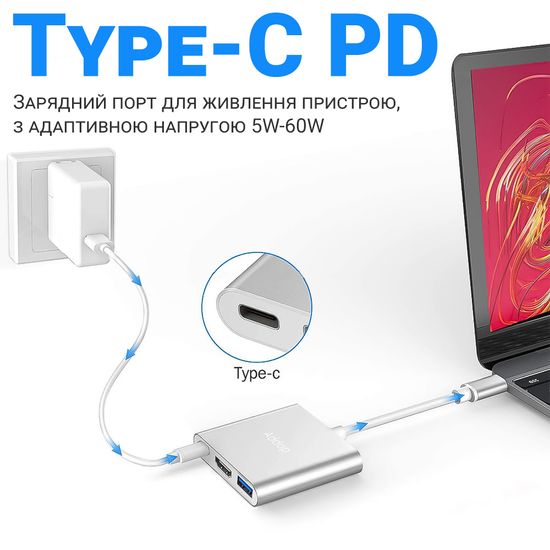 USB Type-C хаб 3в1: USB 3,0 + HDMI + Type-C, мультифункціональний розгалужувач для ноутбука Addap MH-06 7771 фото