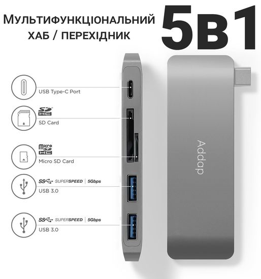 Мультифункциональный USB Type-C хаб Addap MH-07 | концентратор для ноутбука 5в1: USB 3,0 + SD + MicroSD + Type-C 7772 фото