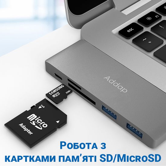Мультифункциональный USB Type-C хаб Addap MH-07 | концентратор для ноутбука 5в1: USB 3,0 + SD + MicroSD + Type-C 7772 фото