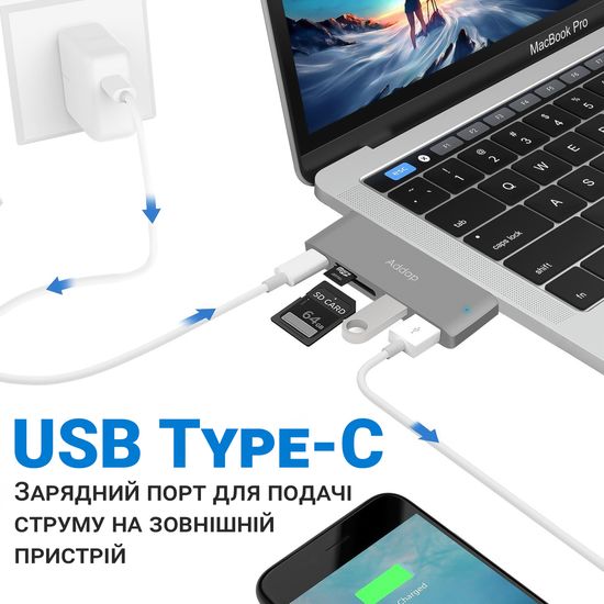 Мультифункціональний USB Type-C хаб Addap MH-07 | концентратор для ноутбука 5в1: USB 3,0 + SD + MicroSD + Type-C 7772 фото