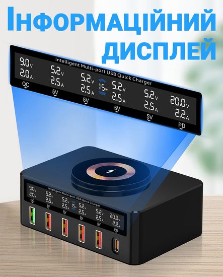 Зарядна док станція Addap MCS-818H, швидкісний зарядний пристрій на 5 USB-A + 1 Type-C порт, з бездротовою зарядкою, PD, QC, 100W 1121 фото