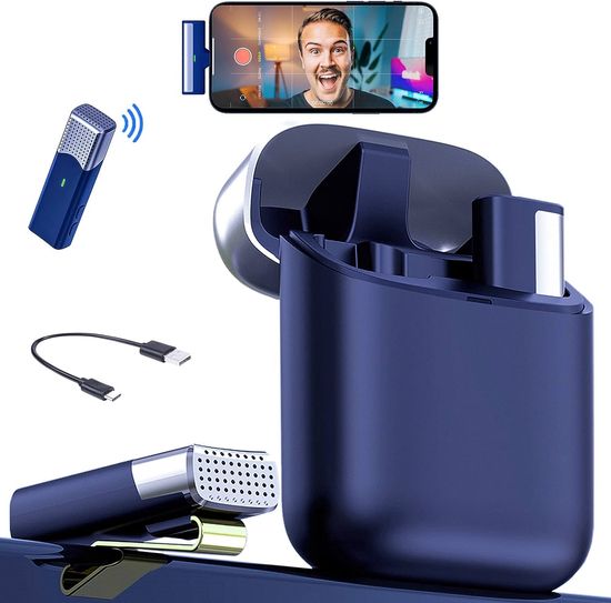 Бездротова петлична система мікрофона для Lightning пристроїв Savetek P35, з зарядним кейсом, 2.4 ГГц, для Apple iPhone, iPad, до 20 м, Синій 0265 фото