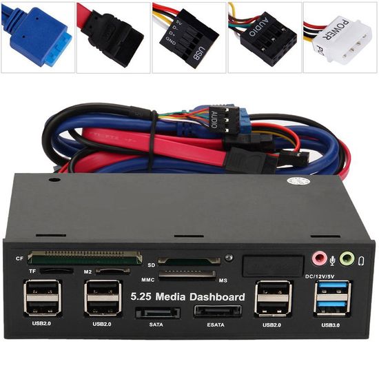 Многофункциональная 5,25" передняя панель для ПК Addap 525E | косичка USB 2.0, USB 3.0, TF/SD/CF/M2/MMC/MS Card, SATA, ESATA, 3.5мм 0092 фото