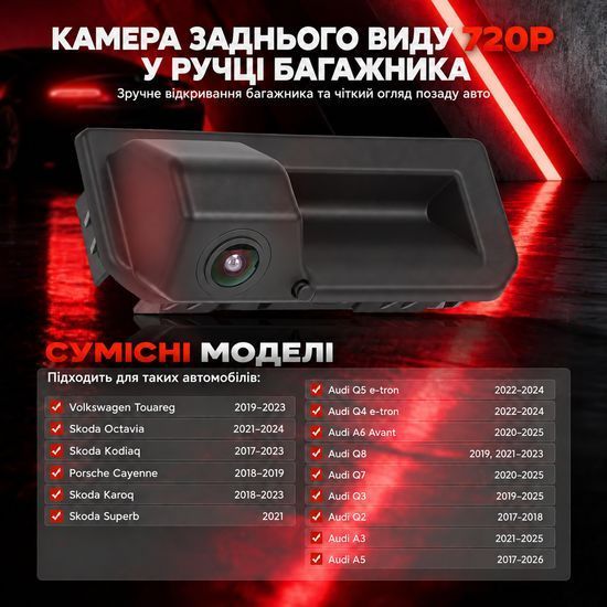 Камера заднего вида в ручку багажника Skoda Octavia A8, Kodiaq, Karoq, Superb / Audi Q3, Q5, Q7, A6 / VW Touareg Podofo A4745, AHD 720P, IP67 1396 фото