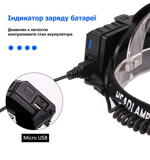 Яскравий світлодіодний налобний ліхтар X-Balog BL-T70-P90, з оптичним зумом і функцією Powerbank 0036 фото