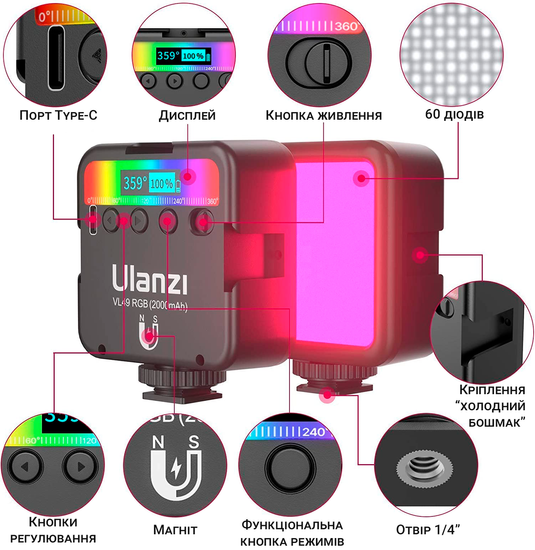 Заповнююче кольорове RGB накамерне відео світло Ulanzi VL49 | Портативна світлодіодна панель для фото і відео на штатив, 6W 0208 фото