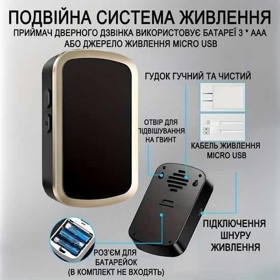 Бездротовий дверний дзвінок Digital Lion WDB-01b-2, з двома приймачами, на батарейках, до 300м, gold 1278 фото