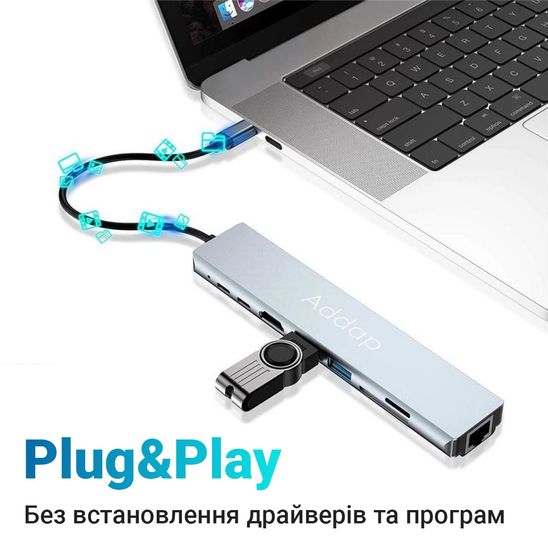 Мультифункціональний USB Type-C хаб Addap MH-04, 8 в 1: HDMI / HDTV + PD + USB C + SD + TF + RJ45 7587 фото