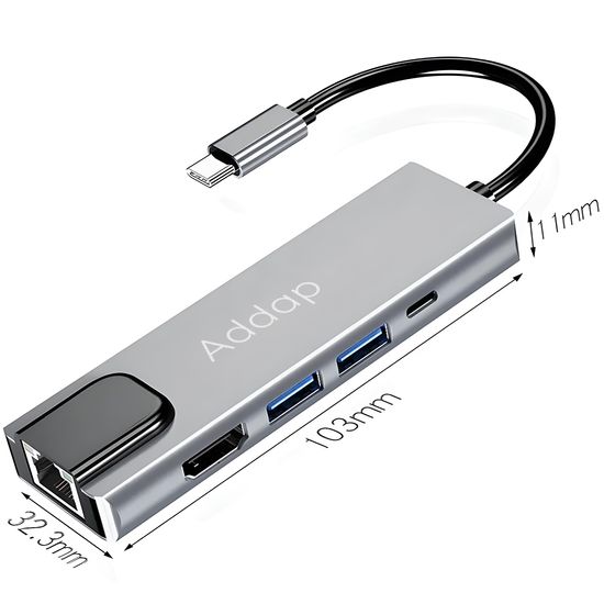 Мультифункціональний USB Type-C хаб / розгалужувач Addap MH-09, концентратор 5в1: 2 x USB 3,0 + Type-C + HDMI + Ethernet 100mbps 7775 фото