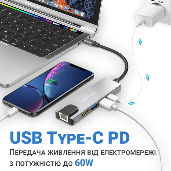 Мультифункциональный USB Type-C хаб / разветвитель Addap MH-09, концентратор 5в1: 2 x USB 3,0 + Type-C + HDMI + Ethernet 100mbps 7775 фото