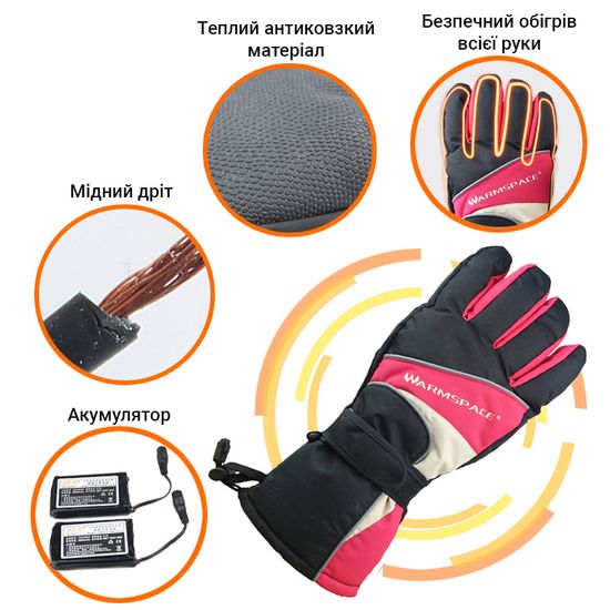 Зимові лижні рукавиці з підігрівом uWarm GA340B з акумулятором 3600mAh, до 6 годин, розмір M, рожеві 7636 фото