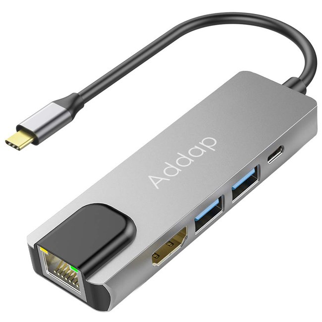 Мультифункціональний USB Type-C хаб / розгалужувач Addap MH-09, концентратор 5в1: 2 x USB 3,0 + Type-C + HDMI + Ethernet 100mbps 7775 фото