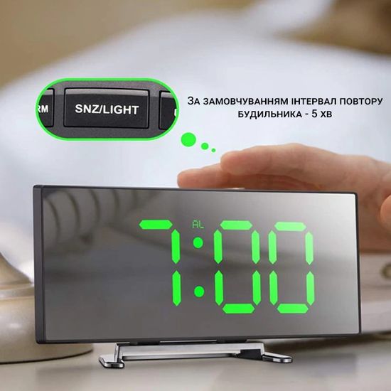 Зеркальные электронные настольные часы DT 6507 с зеленой подсветкой, термометром и будильником 7453 фото