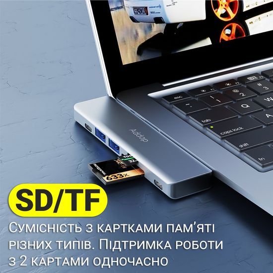 USB Type-C хаб 7в1 Addap MH-10, порт-реплікатор для Macbook на 7 портів: 2 x USB 3,0 + 2 x Type-C + HDMI + SD + MicroSD 7776 фото