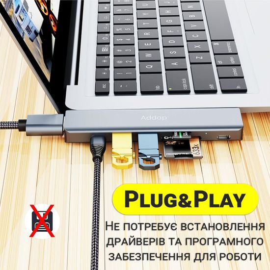 USB Type-C хаб 7в1 Addap MH-10, порт-репликатор для Macbook на 7 портов: 2 x USB 3,0 + 2 x Type-C + HDMI + SD + MicroSD 7776 фото