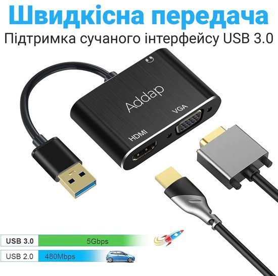 Багатофункціональний USB хаб для ноутбука Addap MH-12 для передачі відео, перехідник з USB 3.0 на 2 порти HDMI + VGA 0210 фото