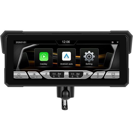 Бездротовий CarPlay & Android Auto монітор для мотоцикла 8.1" Podofo A4711, навігатор, Bluetooth, TPMS, IP67, пульт на кермо