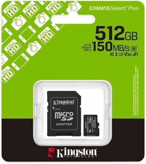 Карта памяти Kingston MicroSDXC 512GB Canvas Select Plus Gen3 150MB/s A1 + SD-адаптер 6787 фото