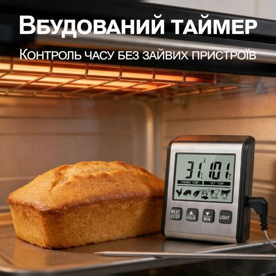 Кухонний цифровий термометр + таймер UChef TP-710, з виносним щупом, сигналізатором, магнітом і програмами смаження м'яса 7410 фото