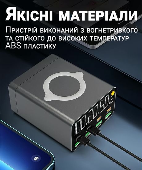 9в1 Багатопортовий зарядний пристрій Addap MCS-M1, док-станція для зарядки на 4 Type-C + 4 USB-A + бездротова панель, 120W 1122 фото