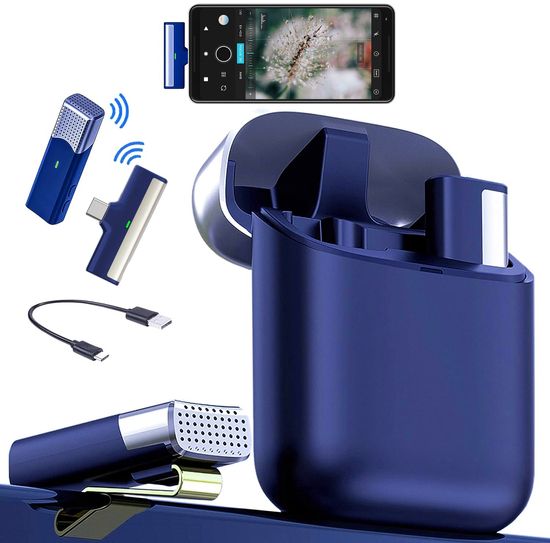 Беспроводной Type-C петличный микрофон с зарядным кейсом Savetek P35, 2.4 ГГц, для Android смартфонов, ноутбуков, планшетов, до 20 м, Синий 0266 фото