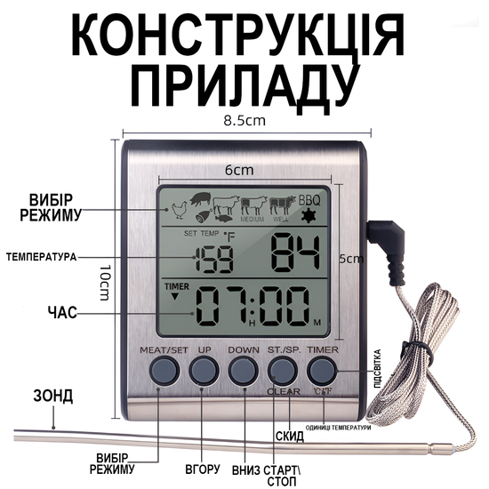 Цифровой кухонный термометр + таймер UChef YZ6031, с двумя выносными щупами, сигнализатором, магнитом и программами жарки мяса. 1289 фото