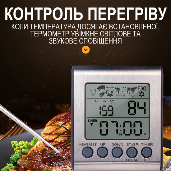 Цифровой кухонный термометр + таймер UChef YZ6031, с двумя выносными щупами, сигнализатором, магнитом и программами жарки мяса. 1289 фото