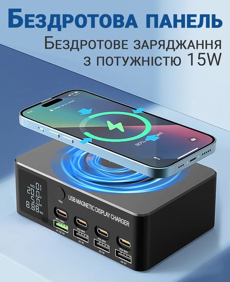 Багатопортовий зарядний пристрій з бездротовою зарядкою Addap MCS-818D+ | зарядна док-станція на 4 роз'єми Type-C PD + 4 роз'єми USB QC3.0, 140W 1123 фото