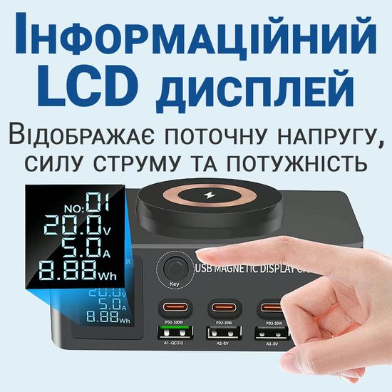 Багатопортовий зарядний пристрій з бездротовою зарядкою Addap MCS-818D+ | зарядна док-станція на 4 роз'єми Type-C PD + 4 роз'єми USB QC3.0, 140W 1123 фото