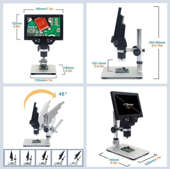 Цифровой микроскоп на штативе GAOSUO G1200HD, с 7" LCD экраном и подсветкой, увеличение до 1200X, питание от сети 7267 фото
