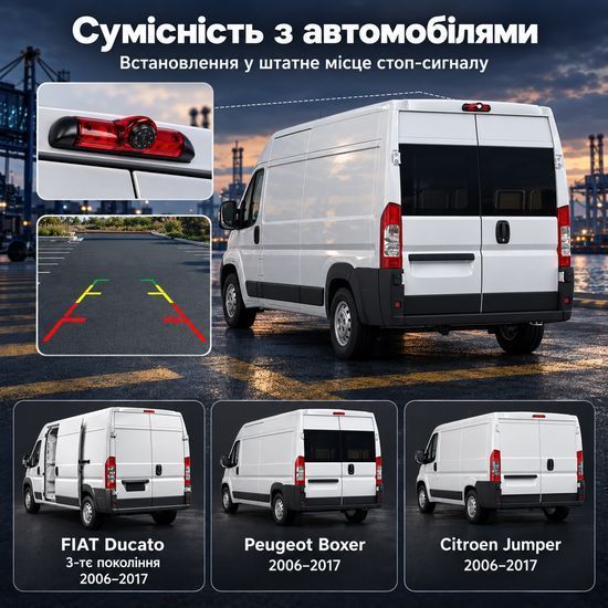 Камера заднього виду в стоп-сигнал для FIAT Ducato/Peugeot Boxer/Citroen Jumper 2006-2017 Podofo A4066, з нічним баченням, IP67 1413 фото