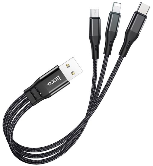 Комбінований кабель зарядки Hoco X47 3в1: microUSB / Lightning / Type-C, 25 см, Чорний 0052 фото