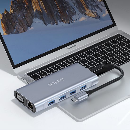 11в1 Type-C хаб для ноутбука Addap MH-13, многофункциональный разветвитель: 4 x USB 3.0 + Type-C + HDMI + VGA + Ethernet + SD + MicroSD + 3.5mm 0222 фото