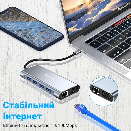 11в1 Type-C хаб для ноутбука Addap MH-13, многофункциональный разветвитель: 4 x USB 3.0 + Type-C + HDMI + VGA + Ethernet + SD + MicroSD + 3.5mm 0222 фото