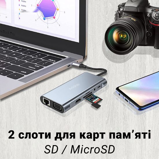 11в1 Type-C хаб для ноутбука Addap MH-13, багатофункціональний розгалужувач: 4 x USB 3.0 + Type-C + HDMI + VGA + Ethernet + SD + MicroSD + 3.5mm 0222 фото
