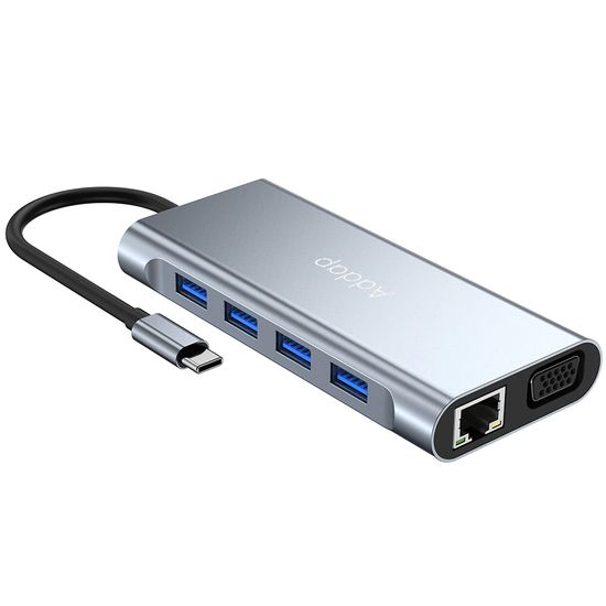 11в1 Type-C хаб для ноутбука Addap MH-13, багатофункціональний розгалужувач: 4 x USB 3.0 + Type-C + HDMI + VGA + Ethernet + SD + MicroSD + 3.5mm 0222 фото