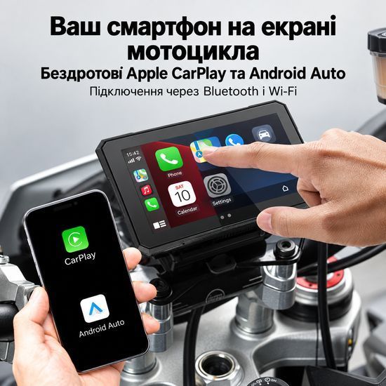 Беспроводной CarPlay & Android Auto монитор для мотоцикла 5" Podofo A4491, навигатор, Bluetooth, TPMS, IP67, пульт на руль