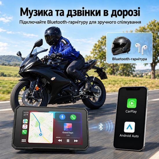 Беспроводной CarPlay & Android Auto монитор для мотоцикла 5" Podofo A4491, навигатор, Bluetooth, TPMS, IP67, пульт на руль