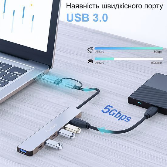 Мультифункціональний USB type-C хаб для ноутбука Addap MH-15D | розгалужувач 7в1: USB 3.0, USB 2.0, Micro SD, Type-C, PD 1125 фото