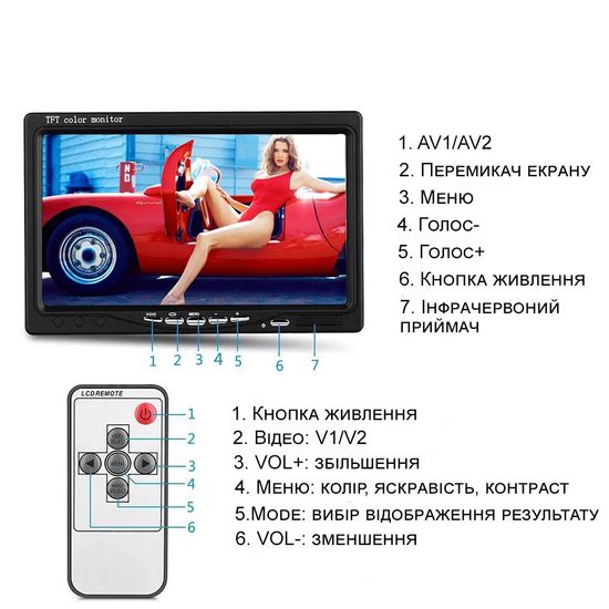Автомобільний монітор 7 "для камери заднього виду Podofo R0009, 1024х600, авіаційний роз'єм 4 pin,12 В 7701 фото
