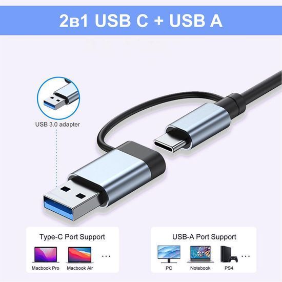 Мультифункціональний USB type-C хаб для ноутбука Addap MH-15D | розгалужувач 7в1: USB 3.0, USB 2.0, Micro SD, Type-C, PD 1125 фото