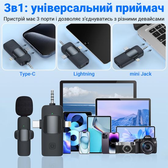 Бездротова петличка 3в1: Lightning + Type-C + miniJack Savetek P29, мікрофон для смартфона, ноутбука, планшета 1213 фото